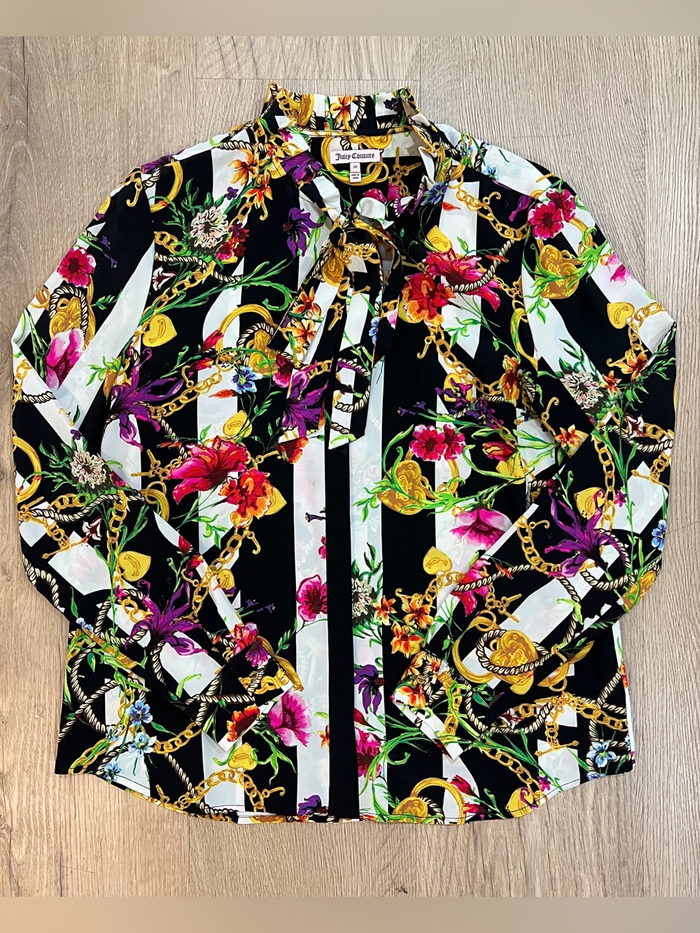 Juicy Couture Y2K 💯 Silk Bow Blouse Floral & Charm Bracelet Pattern Excellent